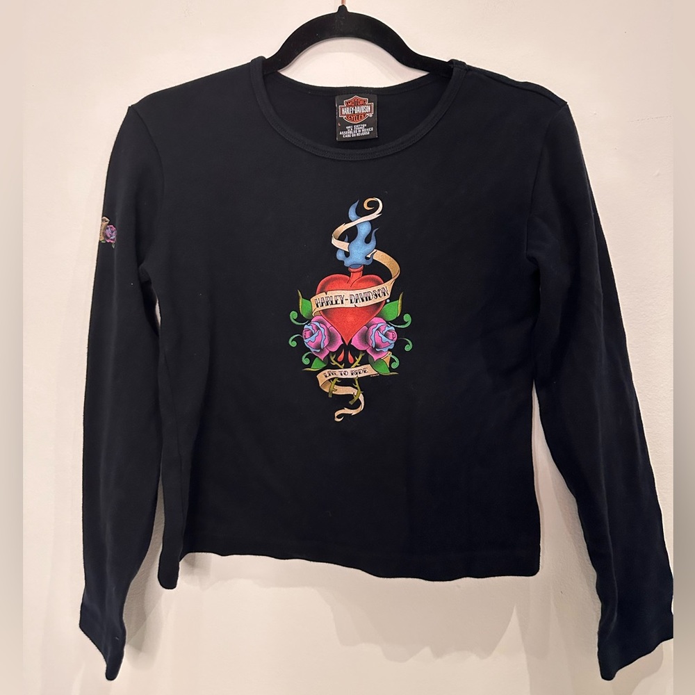 Y2K Vintage Harley Davidson Long Sleeve Crop Baby Doll Tee Size Large